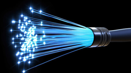 Poster - Close up view of fiber optic cable emitting bright blue light, showcasing its intricate design and technology. glowing fibers create dynamic