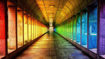 Poster - Vibrant tunnel featuring prismatic colors reflecting off glass panels, creating mesmerizing visual experience. colorful ambiance evokes sense