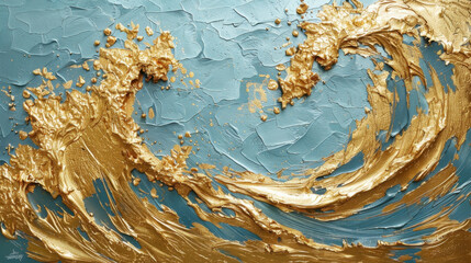 Poster - textured golden strokes create elegant soft waves against serene blue background, evoking sense of c