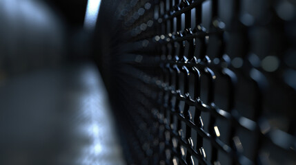Poster - close up view of textured metal fence with blurred background, creating sense of depth and intrigue.