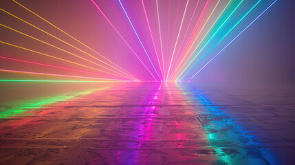 Poster - colorful light rays creating vibrant display in misty environment, illuminating reflective surface w