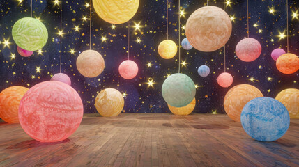 Wall Mural - colorful spheres floating starry space, creating whimsical and vibrant atmosphere. scene features va