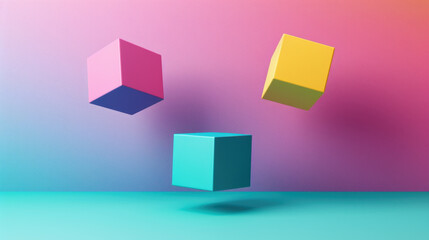 Poster - colorful cubes floating in gradient background create vibrant and playful atmosphere. pink, yellow, 