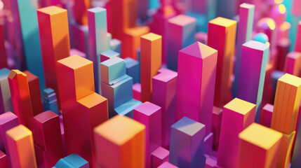 Poster - Colorful abstract cityscape with vibrant geometric shapes and structures, creating lively and dynamic illusion of modern urban environment