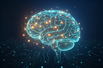Poster - Illuminated Digital Brain Over Circuit Board - Artificial Intelligence and Neuroscience Concept