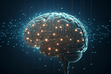 Poster - Shining brain illustrates artificial intelligence and technological advancement in a dark conceptual design demonstrating futuristic digital connectivity.