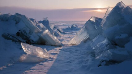 Poster - An icy landscape with large ice blocks on the shore of a frozen lake or sea, illuminated by soft morning light. Intricate patterns in the snow and ice, creating an otherworldly atmosphere.