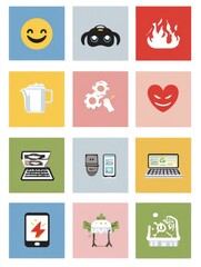 Poster - A Collection of Neutral Icons Illustrates Signs of Cyberbullying, Highlighting Emotional Distress and Digital Interactions