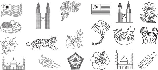 Malaysian Culture Line Icons Featuring Petronas Towers, Wildlife, and Traditions.