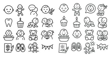 Fototapete - Collection of baby icons including a teddy bear, a cupcake, a cake, a toothbrush, a bottle, a baby, a baby doll, a baby bottle, a baby's head, a baby's face, a baby's hand