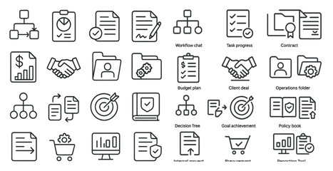 Poster - Set of icons for a business or project management tool. The icons include a handshake, a folder, a book, a shopping cart, a check mark, a dollar sign, a goal, a contract, a folder, a person