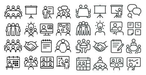 Poster - Collection of icons for a business meeting. The icons include a handshake, a person with a laptop, a person with a clipboard, a person with a book, a person with a cell phone