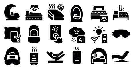 Aufkleber - Collection of black and white icons for various items related to relaxation and sleep. The icons include a bed, a pillow, a blanket, a clock, a remote control, a light, a computer, a cell phone