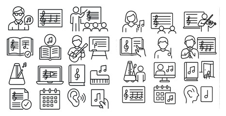 Poster - Set of icons for music and instruments. The icons include a man playing the piano, a woman playing the violin, a man holding a book, a man holding a laptop, a man holding a cell phone