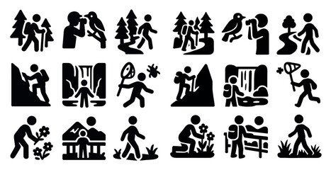 Poster - Collection of black and white icons depicting various outdoor activities such as hiking, fishing, and bird watching
