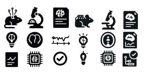 Poster - Collection of black and white icons that represent various scientific concepts. The icons include a brain, a computer, a clock, a light bulb, and a mouse