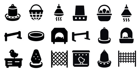 Poster - Collection of black and white icons for farm animals and farm equipment. The icons include a chicken coop, a bird feeder, a birdhouse, a chicken feeder, a chicken coop, a chicken feeder