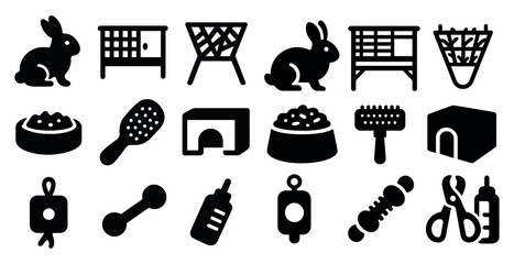 Poster - Collection of pet supplies including a rabbit cage, a litter box, and a pet brush. Concept of organization and care for pets
