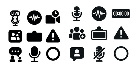 Poster - Collection of icons for various audio recording devices. The icons include a microphone, a camera, and a stopwatch. The collection conveys the idea of recording and capturing audio