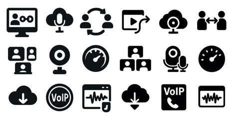 Poster - Collection of icons for various communication and media applications. The icons include a microphone, a camera, a clock, and a cloud