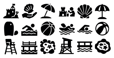Fototapete - Collection of black and white icons for various beach and pool activities. The icons include a lifeguard, a chair, a ball, a beach umbrella, and a shell
