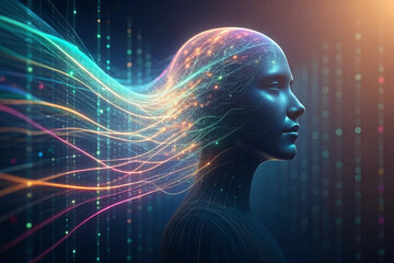 Poster - Digital Consciousness Woman's Profile with Flowing Data Stream