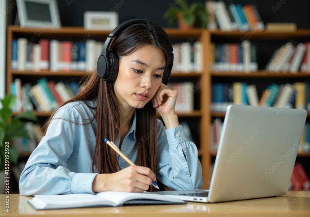 Focused student wearing headphones taking notes while attending online ...