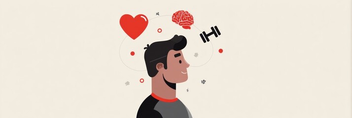 Aufkleber - Male Profile Portrait With Floating Icons Representing Heart, Brain, and Dumbbell Showcasing Balance Between Emotions, Intellect, and Fitness