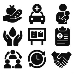 Poster - Set of icons that include a hand, a car, a clock, a baby, a sign, a board