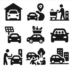Poster - Set of car icons with a house, a car, a person, a shopping cart