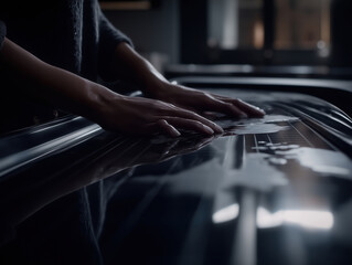 Poster - Hands gently tracing patterns on a glossy surface in a dimly lit room during evening hours