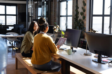 Diverse women collaborating on coding project in modern office, sharing ideas and smiling, at home