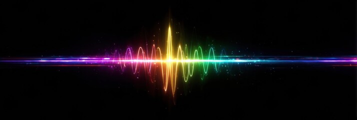 Poster - Neon Light Pulse Captured Within a Glass Structure Creating Vibrant Visual Waves at Nighttime in a Dark Setting