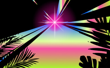 Aufkleber - Abstract vaporwave illustration with sharp streaks in pastel pink, yellow, blue gradients, sunburst, and palm leaves silhouette— capturing trendy retro tropical vibes with dynamic geometric forms.