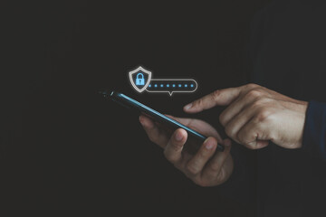 Fototapete - Hand using smartphone to input password on phone for technology security system and prevent hacker. cyber security identity theft cloud network system information privacy internet online protection.