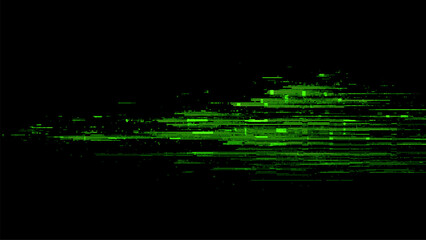 Aufkleber - Abstract green digital glitch art on a black background. Minimalist computer screen distortion for high tech display.