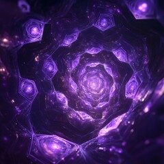 Leinwandbilder - A purple fractal tunnel with geometric shapes and glowing orbs leading to a bright center point
