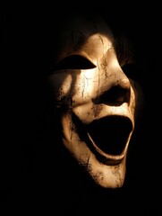 Poster - Screaming Shadow Emerges From Calm Mask With Glowing Light Capturing Contrasting Emotions at Twilight
