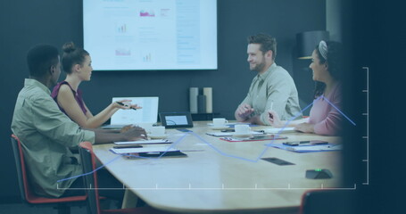 Poster - Business team analyzing sales data on chart display in meeting room, with reports and coffee cups