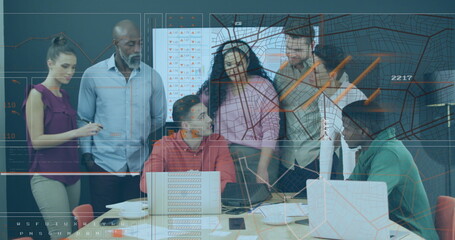 Poster - 6 professionals analyzing financial charts on laptops in meeting room with documents coffee mugs