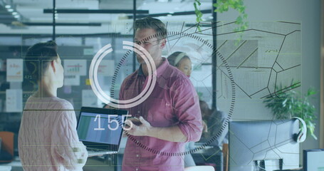 Poster - Man in red shirt holding smartphone and explaining data in office, with transparent display, laptop