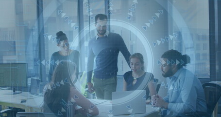 Poster - Five colleagues in business attire collaborating in office conference room, with laptop and overlay