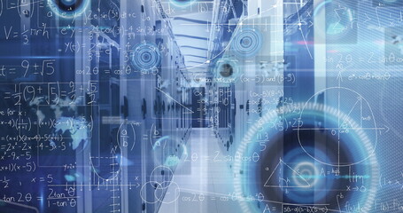 Poster - Showing server corridor featuring racks, switches, cable trays, LED lights and math HUD overlays