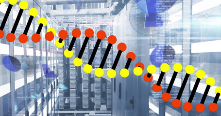 Poster - Server aisle hosting network equipment in data center, with stylized DNA helix and digital overlays