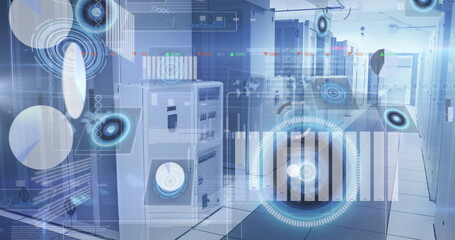 Poster - Displaying server racks showing holographic interfaces in data center corridor, with cable trays