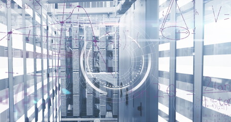 Poster - Showing server rack corridor featuring blinking units in data center with cables and HUD overlay