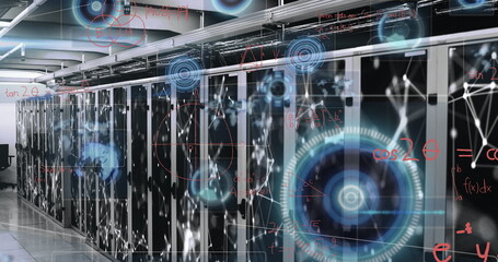 Poster - Glowing server racks projecting holographic network visuals in data center, floating formulas