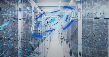 Poster - Server racks extending in data centre corridor flashing LED indicators, with holographic data swirl