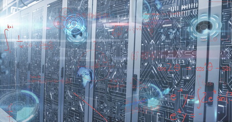 Poster - Displaying server cabinets featuring circuit panels in data center, floating red equations blue HUD