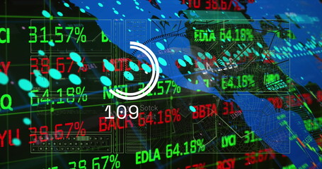 Poster - Displaying white circular progress gauge showing 109 Stock label on trading screen, with world map